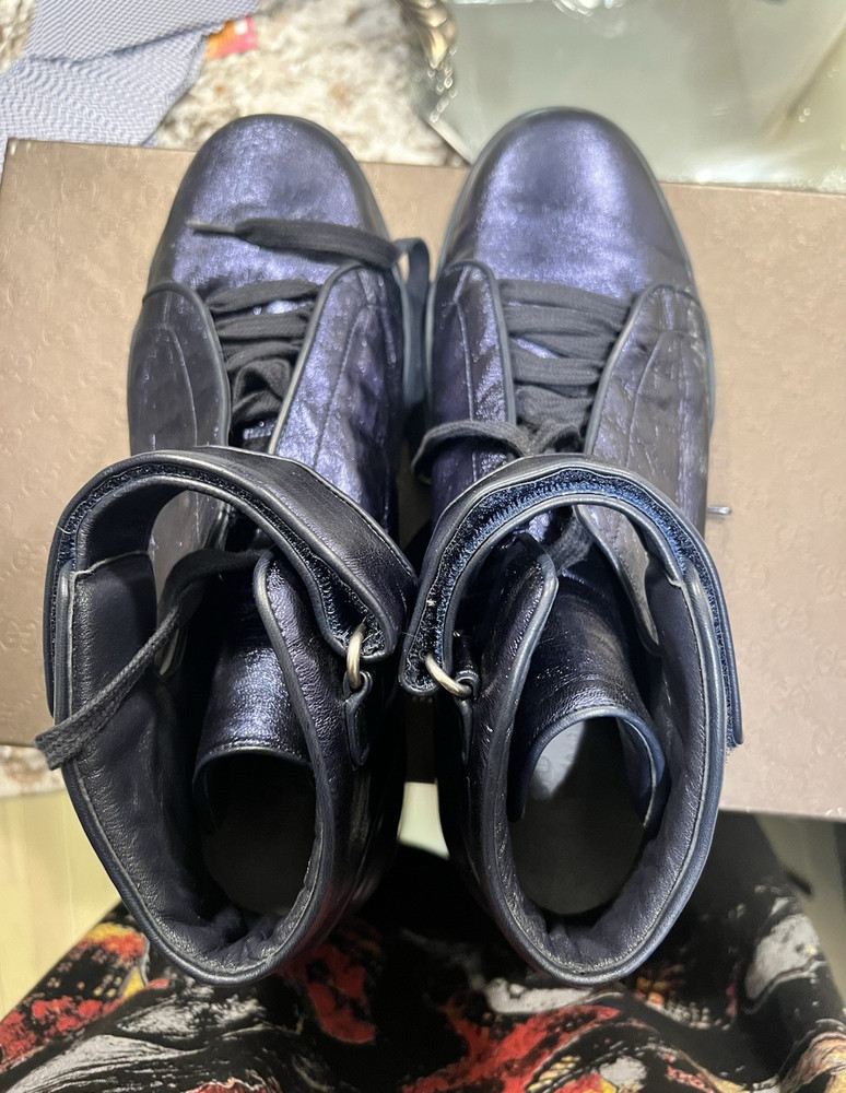 Gucci 337216 Men's Blue Leather High Top Lace-Up Sneakers Logo US 10.5