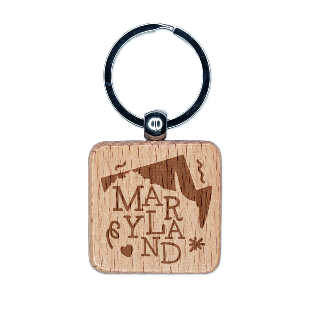 Maryland State with Text Swirls Engraved Wood Square Keychain Tag Charm