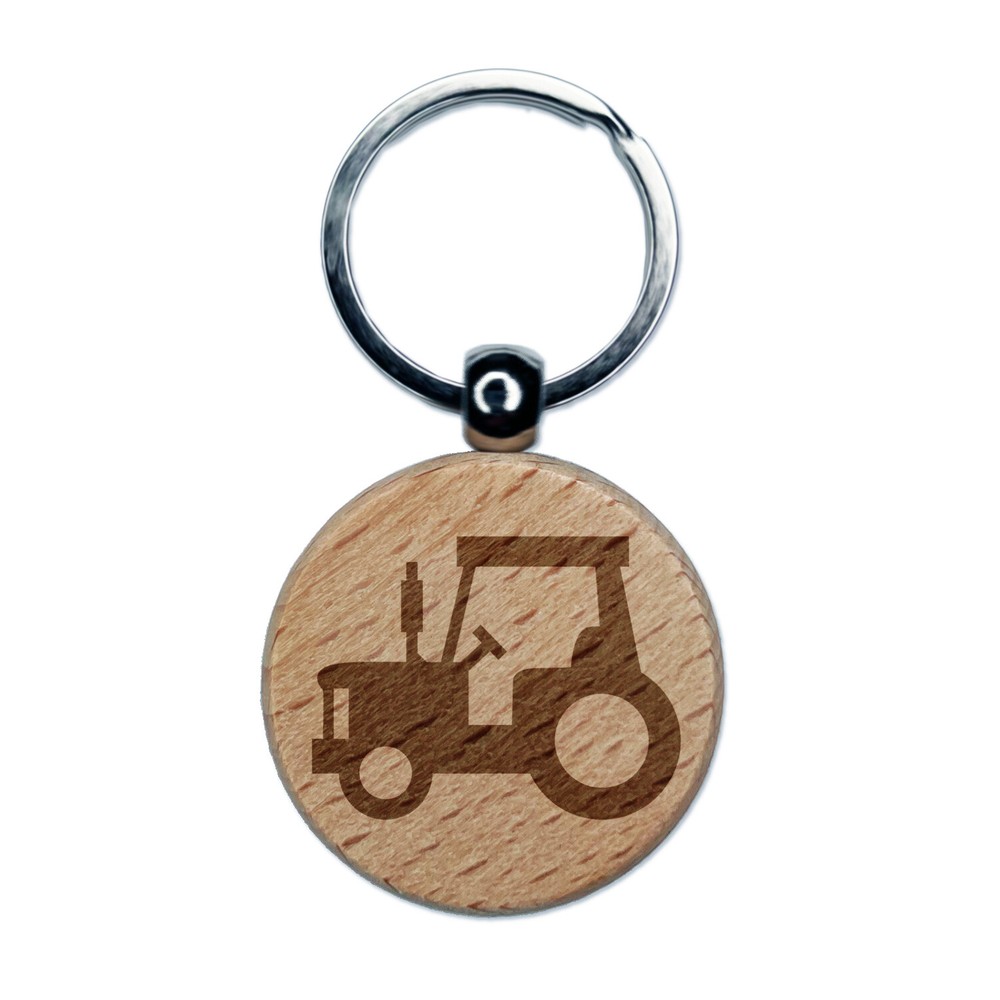 Tractor Farm Vehicle Engraved Wood Round Keychain Tag Charm