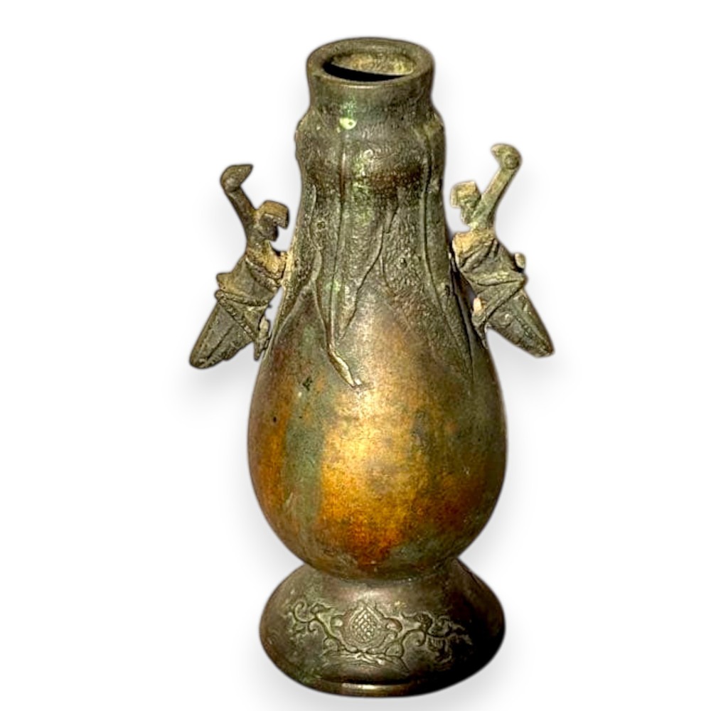 Japanese Bronze Vase Meiji Period Antique Jar Vessel Sculpture Mantis 5.5 inch
