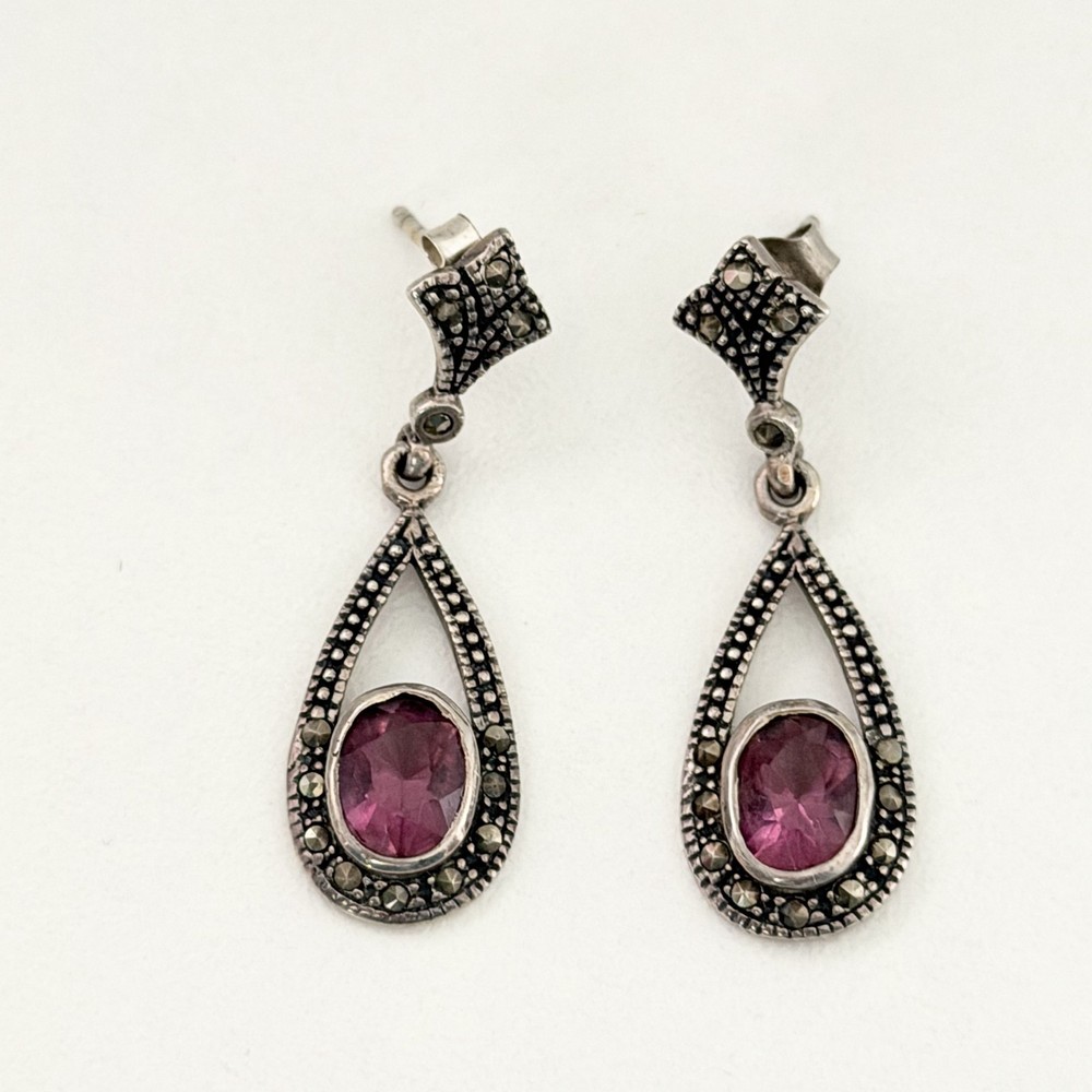 Vintage 925 Sterling Silver Marcasite Amethyst Pierced Dangle Earrings