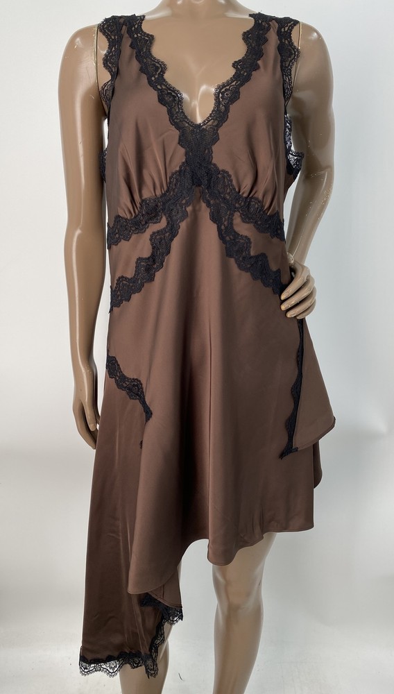 AllSaints Womens Mini Dress Bitter Brown Size 8 Ilka Asymmetric Lace V-Neck