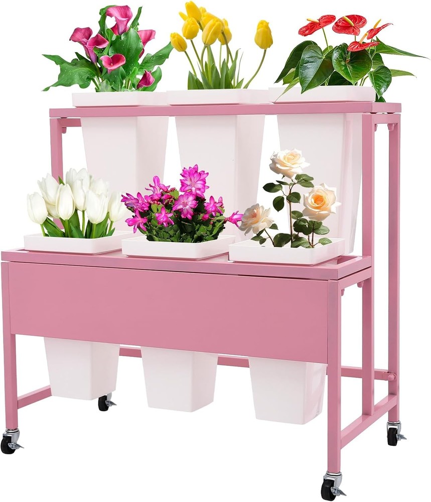 6 Flower Display Stand w/ Buckets with Wheels Plant Cart, Moving Plant Cart