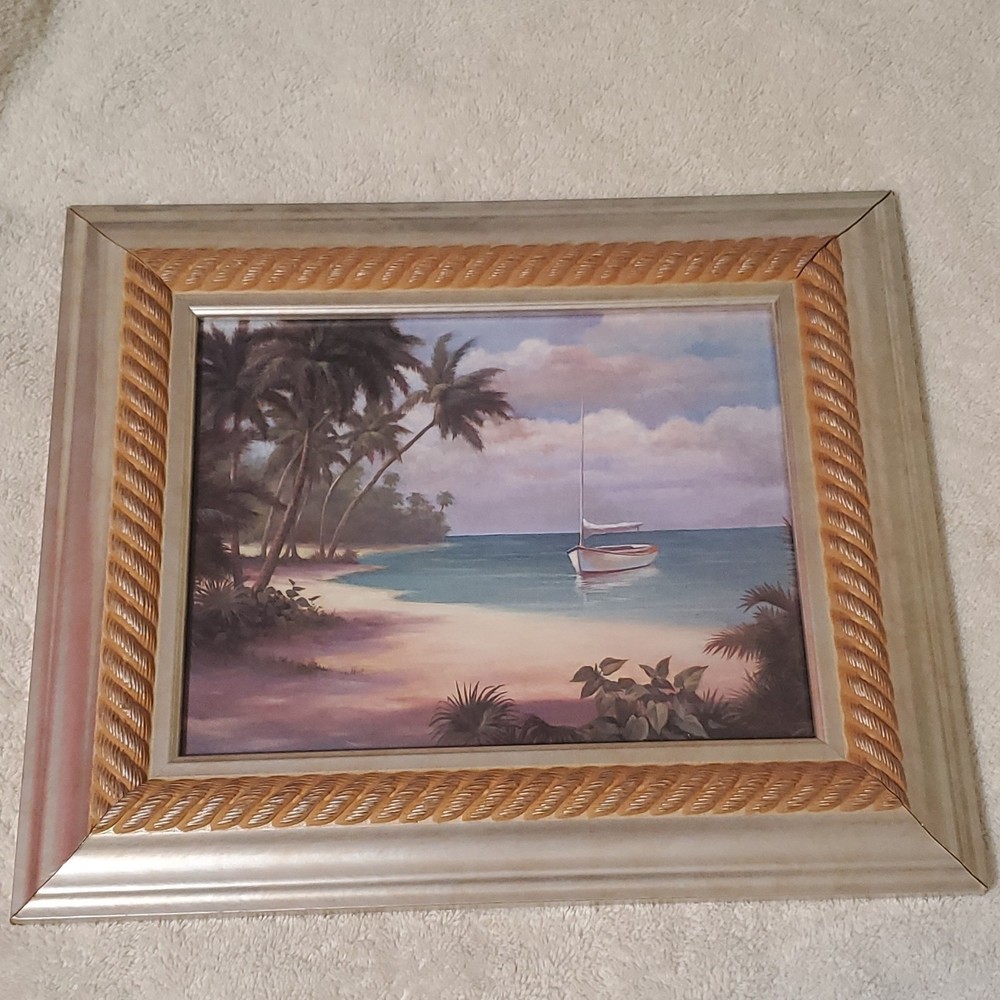 Framed Realism Beach Boat Palm Trees Painting on Canvas, Small Nautical Art