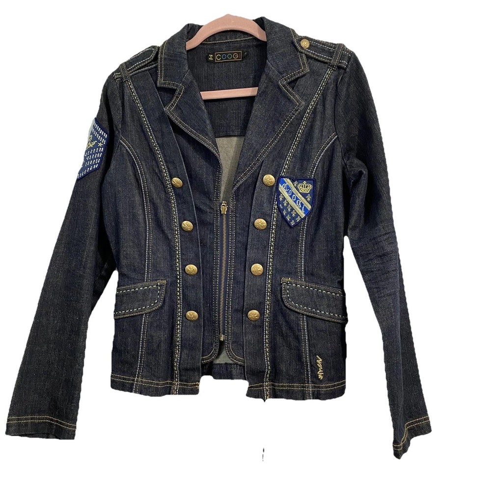 Vintage 90’s Y2K Coogi Women’s Jacket Size Med Denim Military Style  Rhinestone