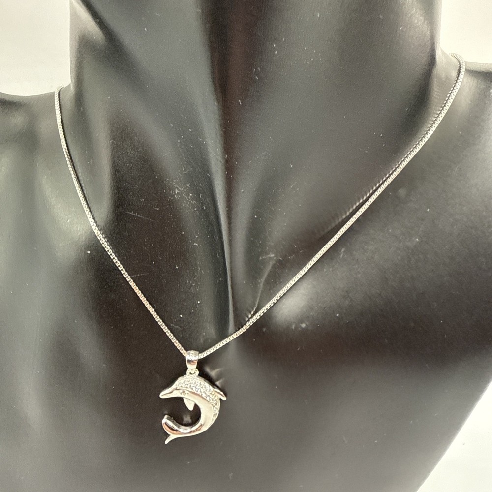 VTG 925 Sterling Silver CZ Dolphin Pendant Adjustable Necklace. 3.7 Grams.