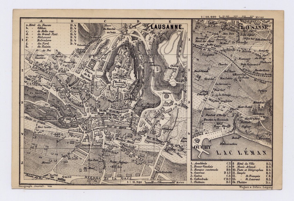 1879 Original Antique City Map Of Lausanne / Switzerland