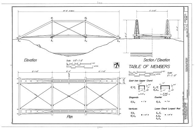 2. Elevation, Plan, Section/Elevation, Table of Members - Mill Road Bridge,
