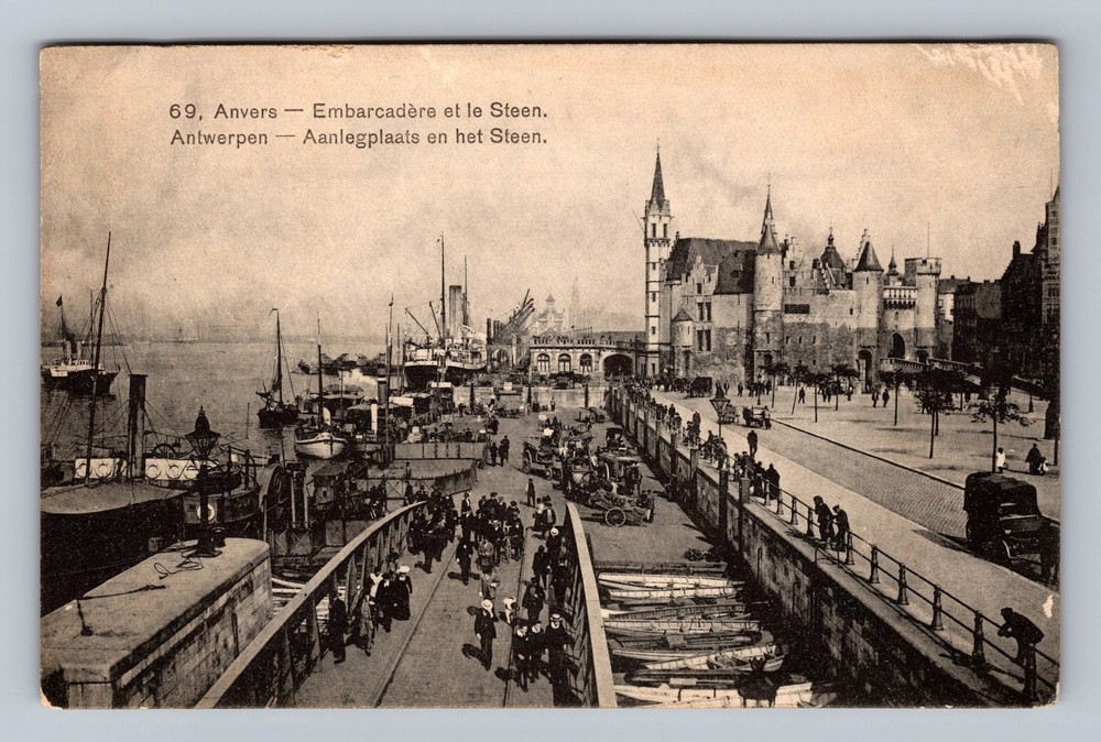 Belgium- Antwerp Embankment Pier & Steen Castle Old Post View Vintage Postcard