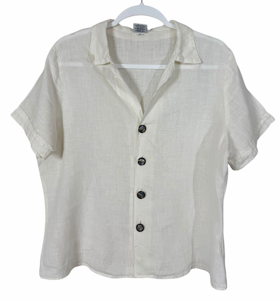 CP Shades 100% Linen Button Up Short Sleeve Shirt Vintage Ivory Sz Medium