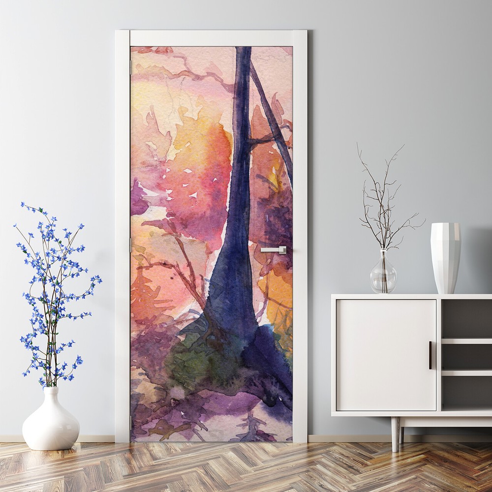 Forest Landscape Bubble-Free Self-Adhesive Door Decal - Beautiful Nature Drawing
