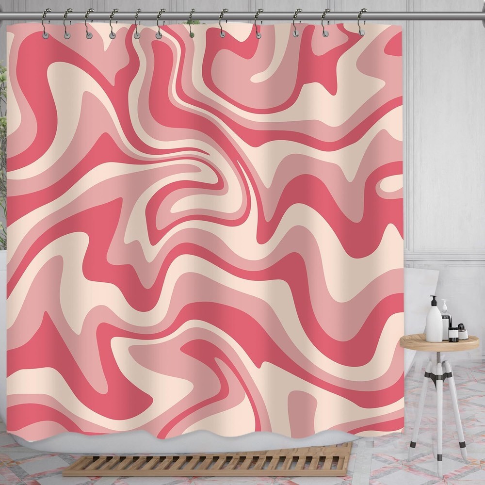 Pink Wave Swirl Abstract Modern Art Waterproof Shower Curtain with Metal Hooks-image
