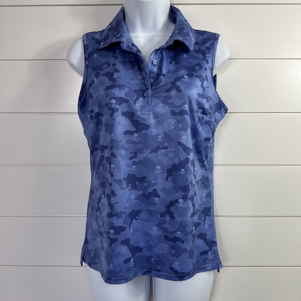 Women's G/FORE Golf Athletic Polo Shirt Sleeveless Skull Icon Camo Ice Blue sz S