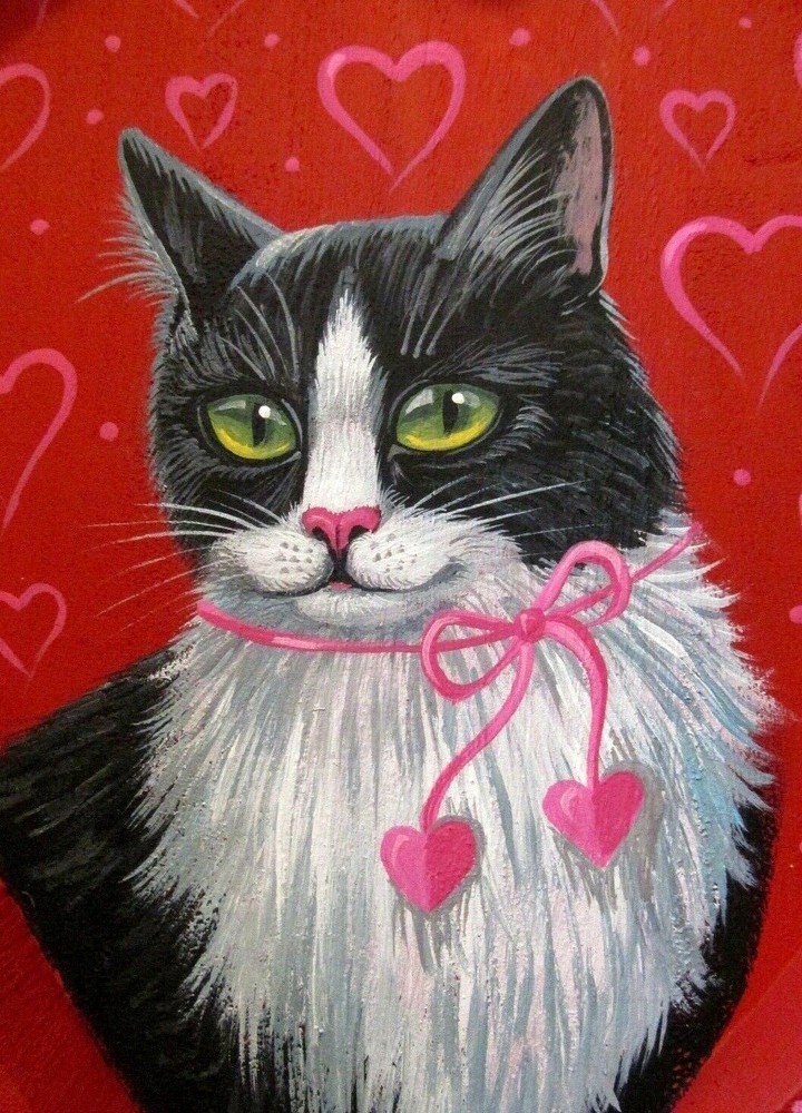 ACEO RYTA TUXEDO CAT VALENTINES DAY HEARTS PRINT OF PAINTING RYTA ILLUSTRATION