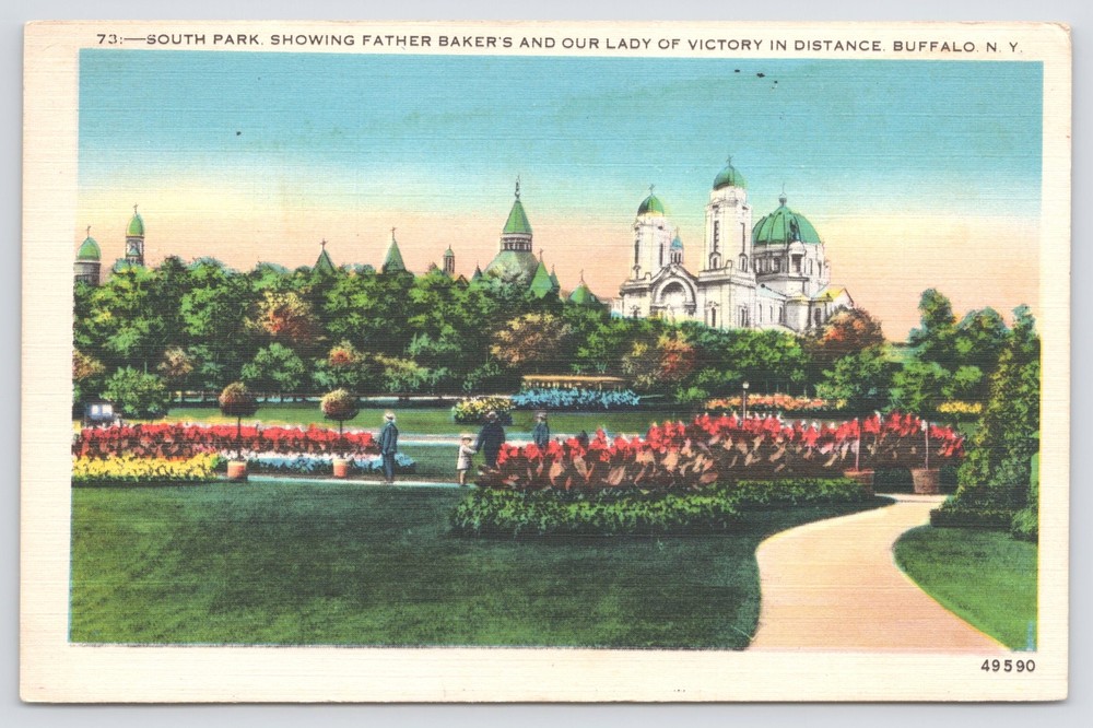 Linen~South Park & Father Bakers & Lady of Victory Buffalo NY~Vintage Postcard