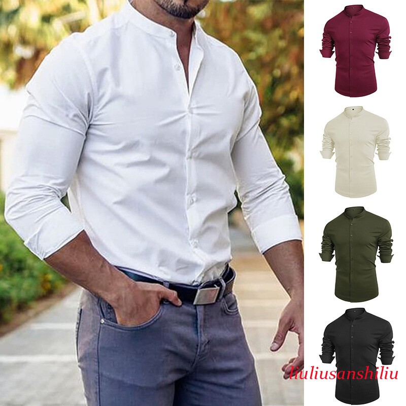 Mens Muscle Dress Shirts Slim Fit Stretch Banded Collar Long Sleeve Button Shirt