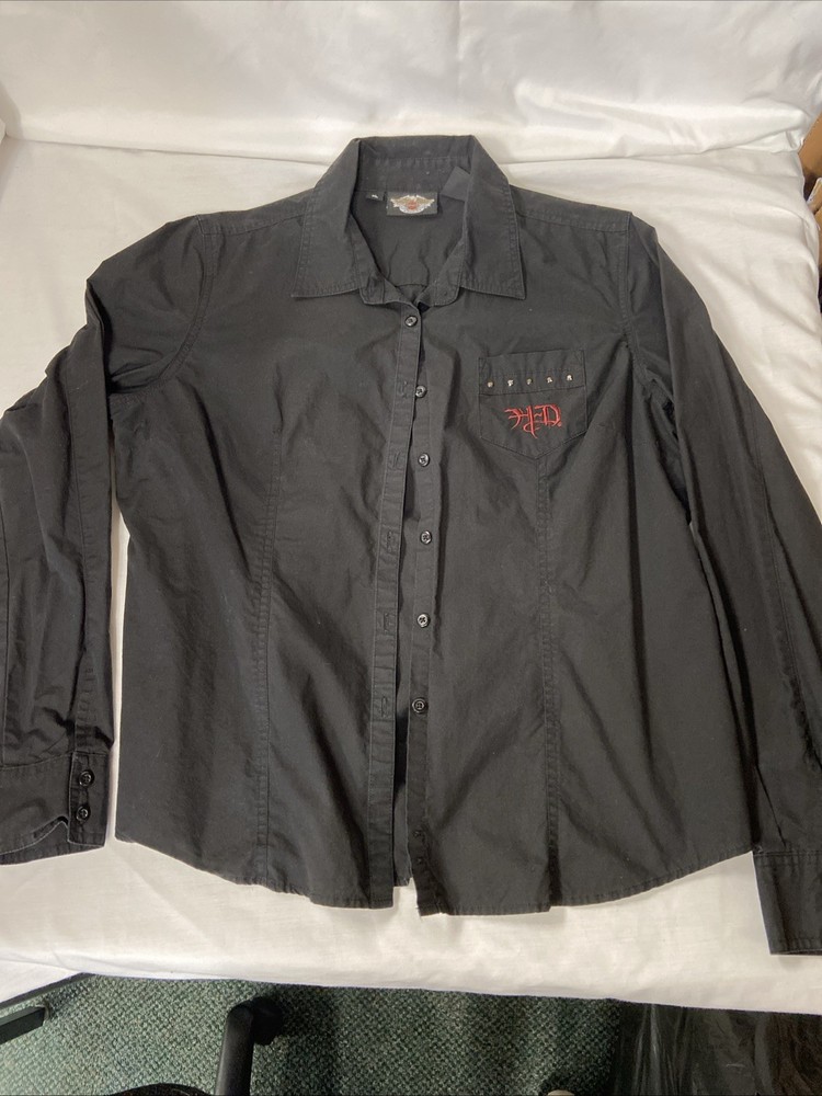 Harley Davidson Women X-Large Woven Black Embroidered Button Down Blouse