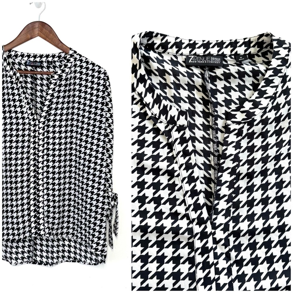 NY & Company Houndstooth Popover Blouse Women Medium EUC Black White Tunic Top