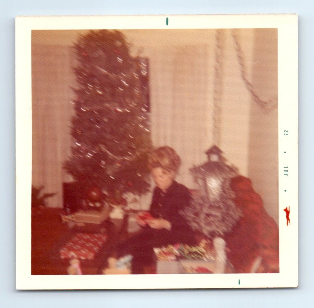 Old Vintage Square Color Photo SOFT FOCUS BLURRY SOLO WOMAN BY CHRISTMAS TREE