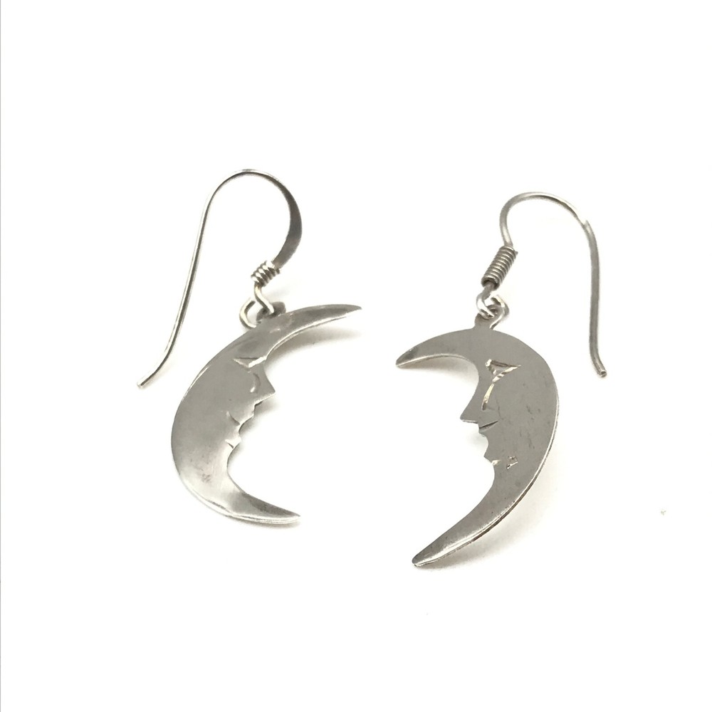 Vintage 925 Sterling Silver Celestial Crescent Moon Face Dangle Drop Earrings