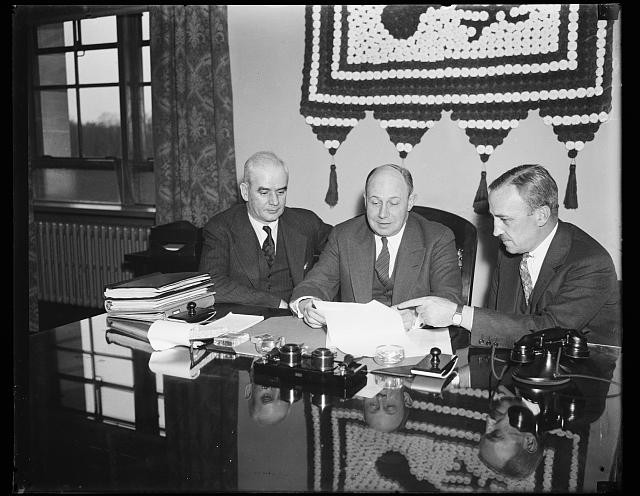 Photo:1935 Three Men Office Meeting Desk Papers Black and White Photograph