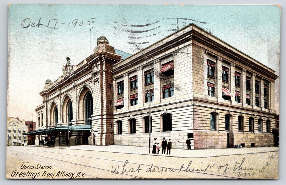 Railroad Depot~Greetings From Albany New York~Union Station~PM 1905~Vtg Postcard