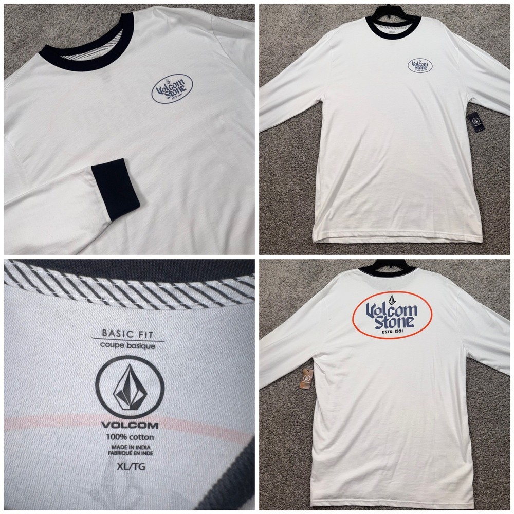 Volcom Stone Long Sleeve T-Shirt Mens Basic Fit Graphic Ringer White XL NEW