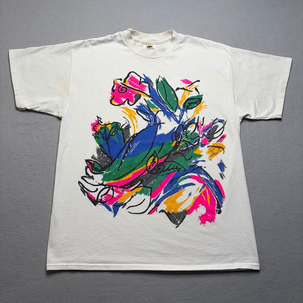 Vintage 90s Abstract Floral Art Graphic T Shirt Mens XL White USA Single Stitch-image