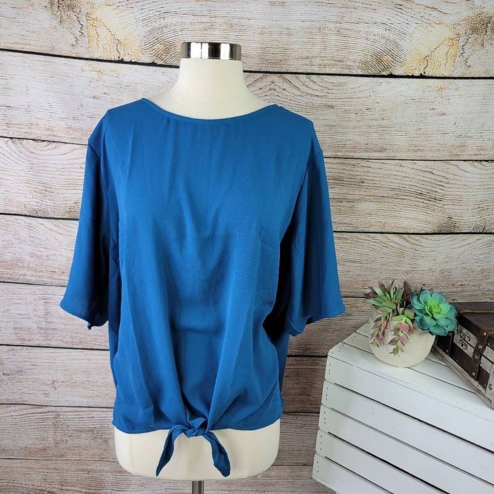 Devon & Jones Womens Teal Tie-Front Short Sleeve Top Size 2XL Perfect Fit