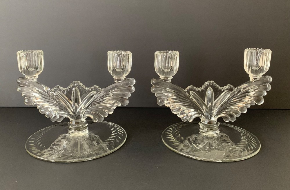 Vintage Tiffin Franciscan Art Deco Double Candlestick Holders Set of 2- Winged D