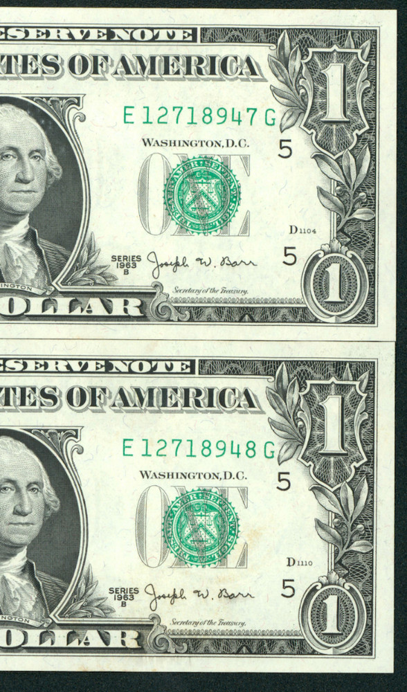 (( TWO CONSECUTIVE )) $1 1963 ((CHOICE CU)) ((JOSEPH BARR)) Federal Reserve