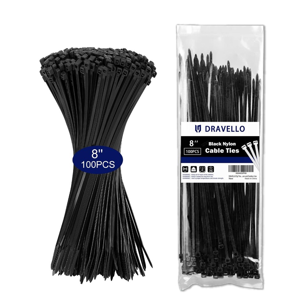 DRAVELLO Zip Ties, 8 Inch (100 Pack), Black Self-Locking Nylon Cable Ties, 40...