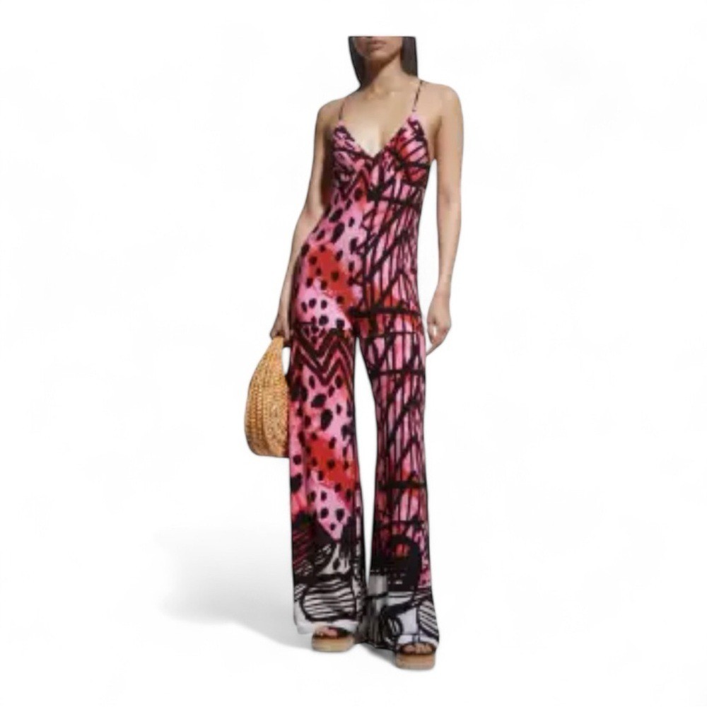 Mara Hoffman Pink Red Abstract Graphic Print V-Neck Wide Leg Jumpsuit-image