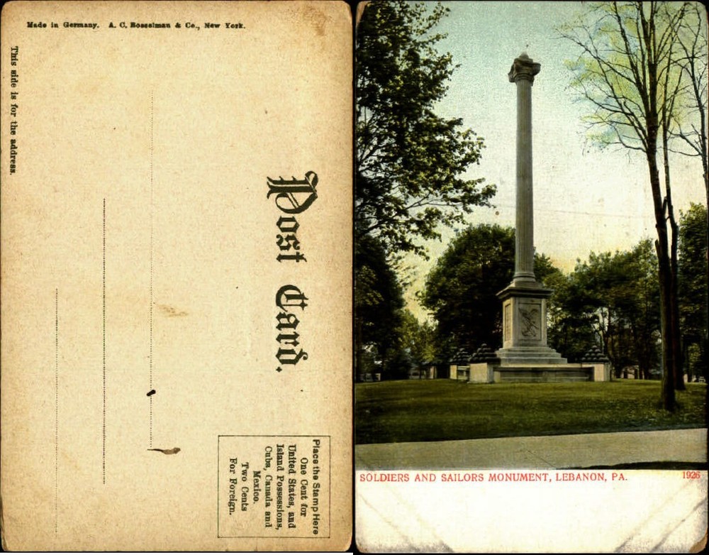 Soldiers and Sailors Monument Lebanon Pennsylvania PA UDB unused old postcard
