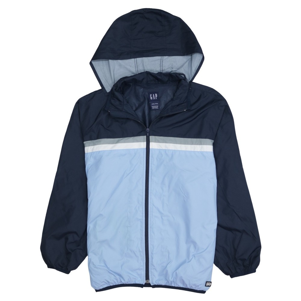Gap Mens Windbreaker Jacket Navy Light Blue Hooded Zip Reflective Stripe XXL
