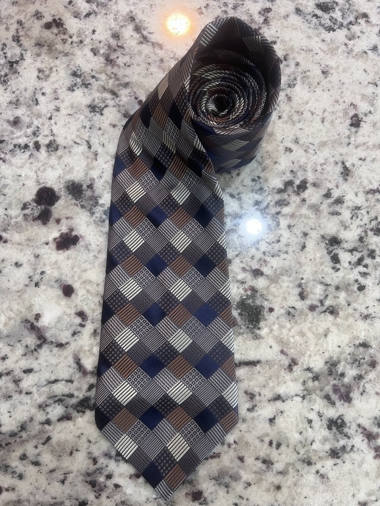 PRONTO UOMO Men's Tie Navy Blue Brown White 100% Silk Geometric Pattern