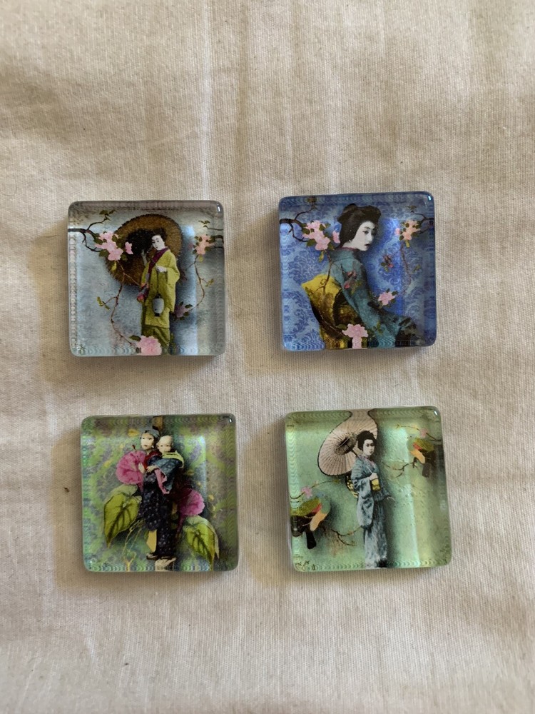 Vintage Japanese Geisha Tile Magnets Handmade Blue Green Ceramic Set of 4