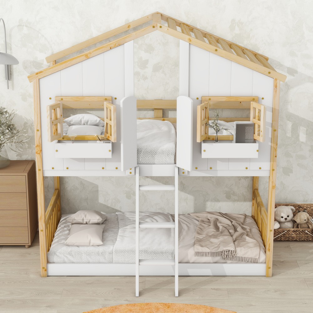 Wood Bed Frame Twin over Twin House Bunk Bed with Roof , Window & Ladder Natural