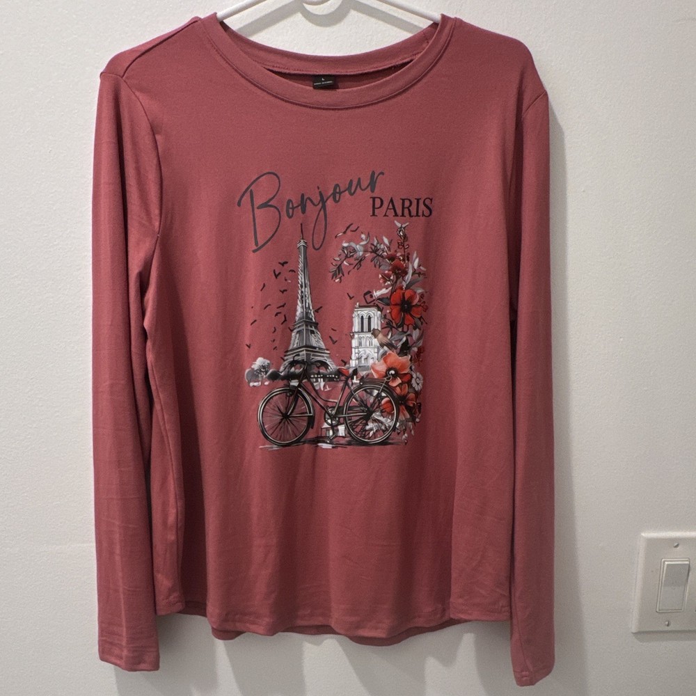 Womens L Pink Bonjour Paris Graphic Print Crew Neck Long Sleeve Pullover T-Shirt