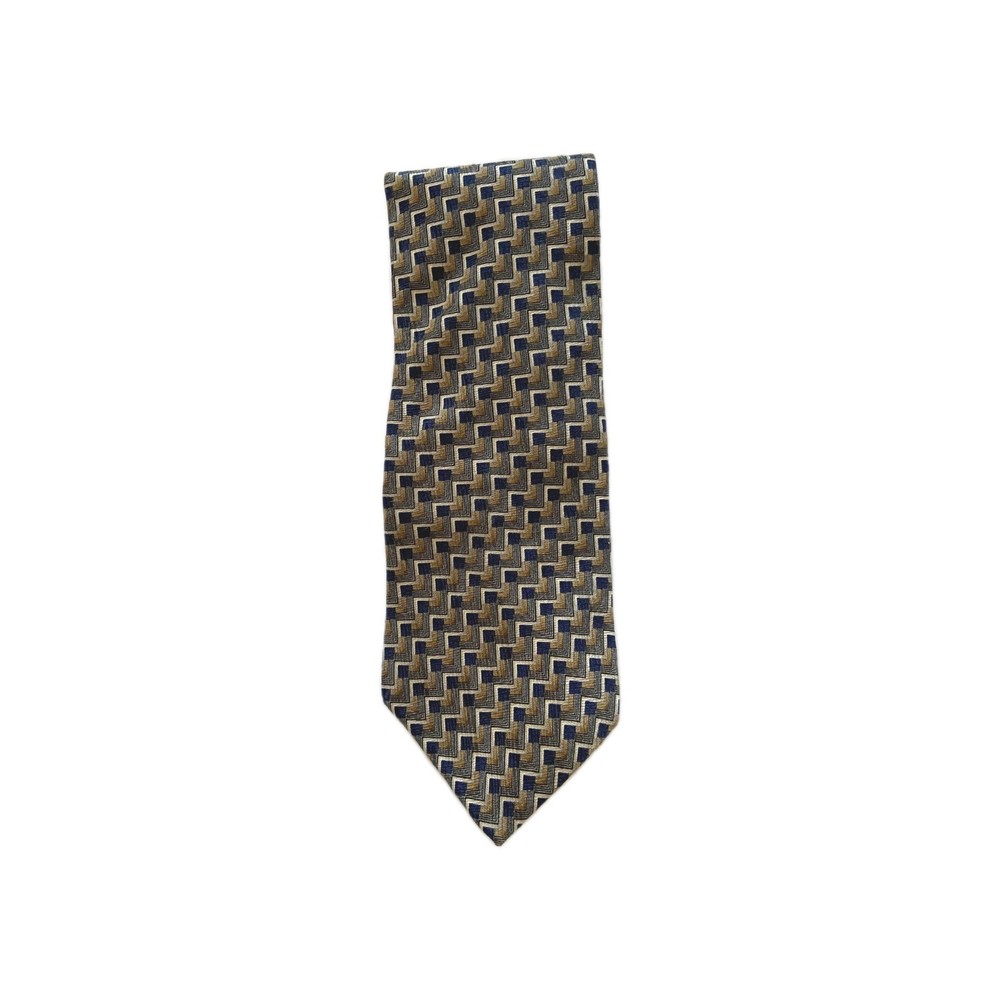 BILL BLASS Vtg Gold Blue Geometric Silk NECKTIE TIE