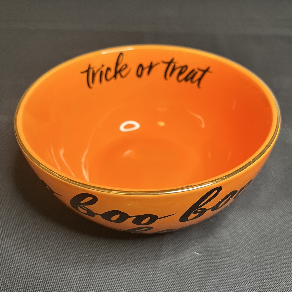 Trick Or Treat “Boo” Candy Bowl Orange W/Gold Trim And Black Lettering