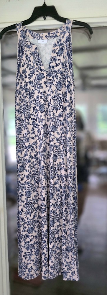 J. Jill Womens petite Small Pink Blue Floral Sleeveless Maxi Dress Pockets beach
