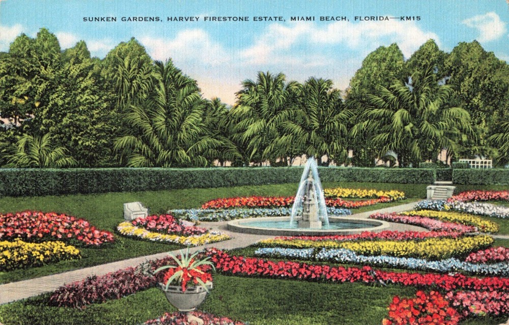 Miami Beach Florida, Harvey Firestone Estate Sunken Gardens, Vintage Postcard