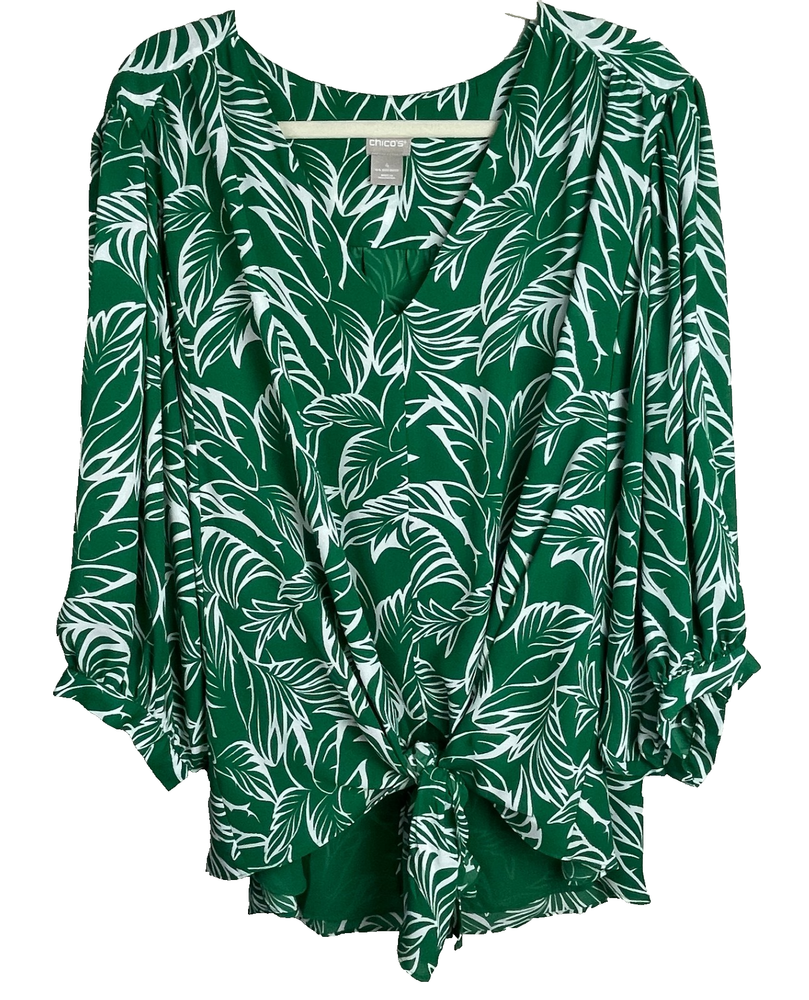 Chicos Top Womens Size 4 (XXL/20) Green Tropical Leaf Balloon Sleeve Boho Blouse