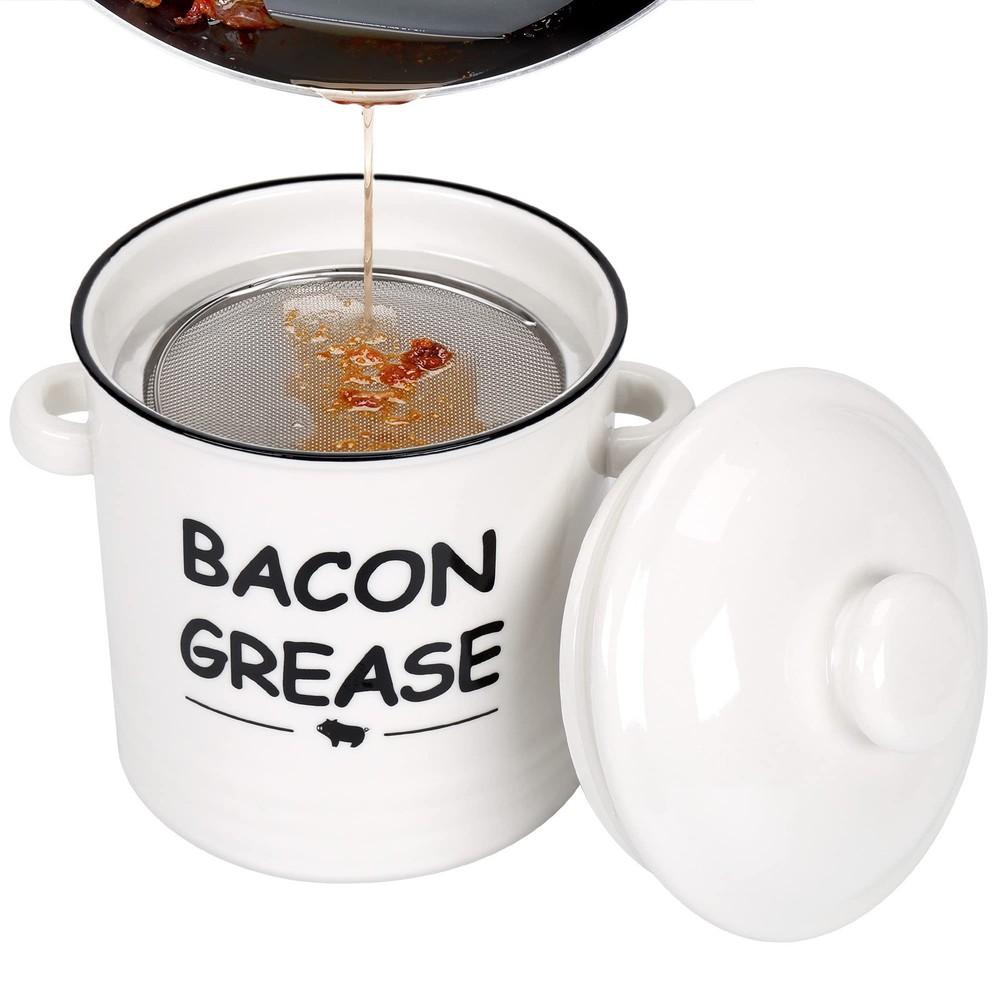 600ml Ceramic Bacon Grease Container with Strainer for Farmhouse Kitchen Storage
