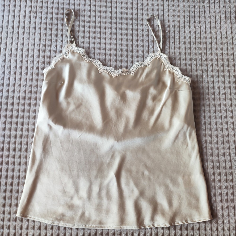 JANICE River Gold Silk Camisole Top Size 38 M Lace Trim Champagne Beige Luxury