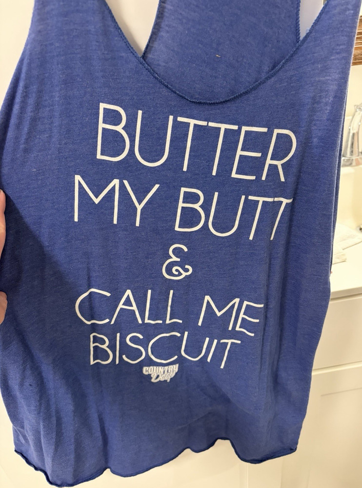 Next Level Racerback Tank Top Blue Graphic Butter My Butt Call Me Biscuit M