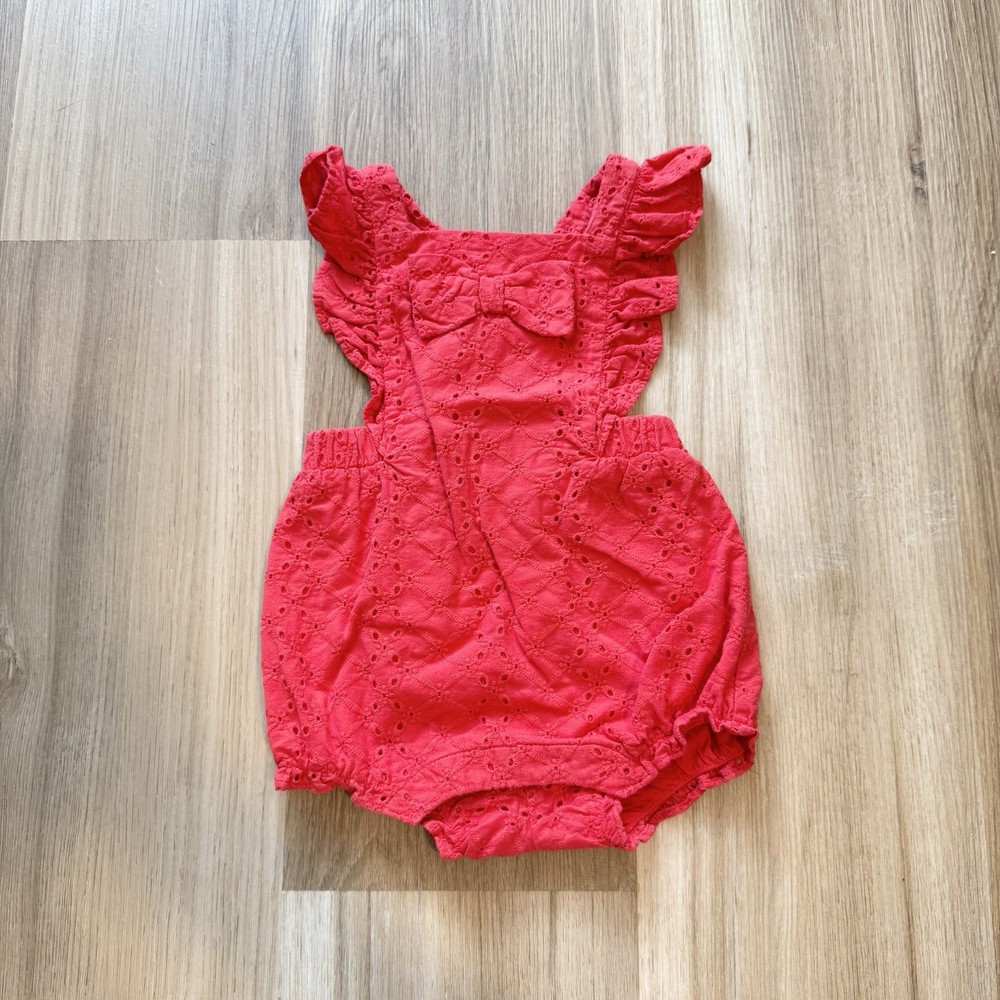 JANIE AND JACK Red Eyelet Floral Lace Ruffle Bubble Romper Size 12-18 Months