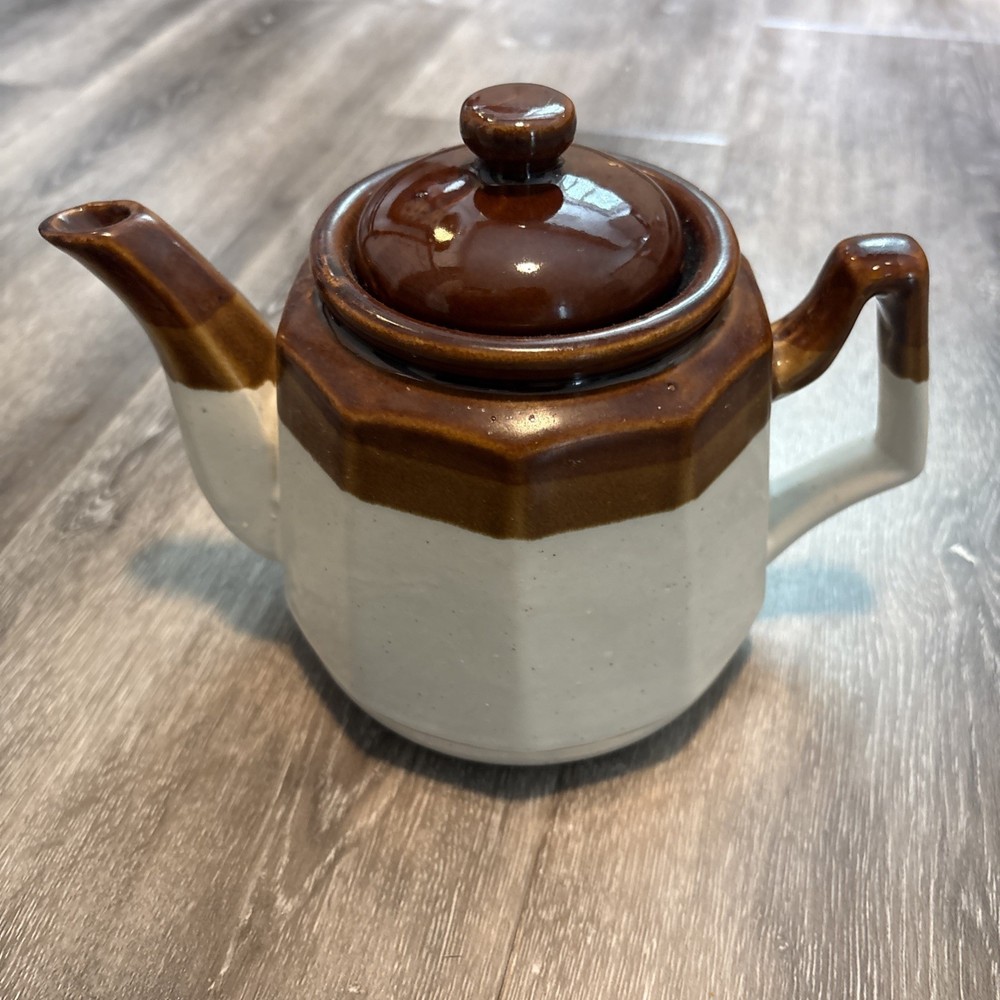 Small Vintage Stoneware Teapot Rustic Kitchen Brown Tan