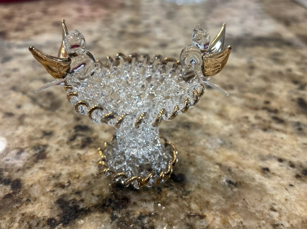 Vintage Hand Blown Spun Glass Bird Bath 2 Birds Figurine Clear and Gold Accents
